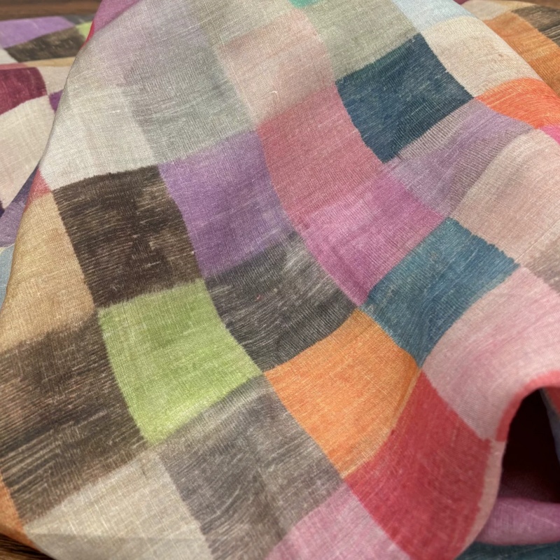 Vintage Sewing Textile - Boho Ramie Keten Kumaş, Renkli Kareli